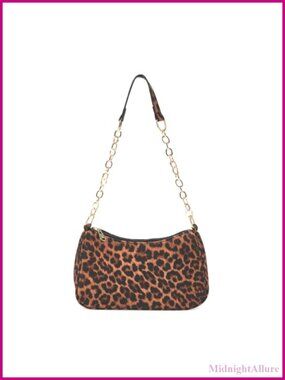 Leopard Print Baguette Shoulder Bag Small Cheetah Handbag Gold Chain